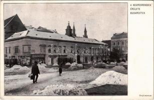 Budapest V. Városház tér télen, A kegyesrendiek épülete, Világ Panoráma, Mozgó mozi, Barhó Ferenc üzlete (EK)