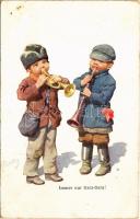 1913 Immer nur trara-trara! / Children art postcard, boys with trumpets. B.K.W.I. 357-4. s: K. Feiertag (ázott sarok / wet corner)