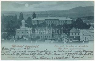 1899 (Vorläufer) Eperjes, Presov; Izraelita neológ templom és népiskola este, zsinagóga / synagogue and school at night (EK)
