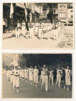 1938 Brassó, Kronstadt, Brasov; Kolping mozgalom sportegyletének felvonulása június 8-án, náci karlendítések, háttérben Ageco Bodega étterem, üzletek. Foto Adler Oscar / Hungarian parade of the sports club of the Kolping Society (Kolpingwerk), Nazi salute, restaurant, shops - 2 db eredeti fotó / 2 original photos