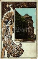 Budapest I. Ferenc József gimnázium. Ilona utca 2-4. (Szabó Ilonka utca). Szecessziós montázs pávával, Art Nouveau, litho s: H.S. (kopott sarkak / worn corners)