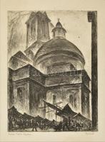 Kron Jenő (1882-1974): Firenze, Medici kápolna. Rézkarc, papír, jelzett, kartonra kasírozva, hátoldala foltos, 28×20,5 cm