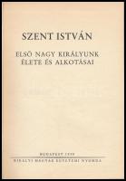 Szent István. Első nagy királyunk élete és alkotásai. Hóman Bálint, Csapody Csaba, Bakács István János, Nevelős Ágoston, Ember Győző, Belitzky János és Guillemot Katalin tanulmányai. Bp., 1938, Kir. M. Egyetemi Nyomda. Kiadói aranyozott, dombornyomott egészvászon kötés, jó állapotban.