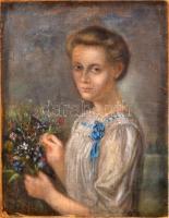 Hanély Antal (1824-1911): Lány virágokkal. Olaj, vászon. Jelzés nélkül. Kartonra kasírozva. Kissé sérült. 58x48 cm