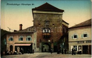 Körmöcbánya, Kremnitz, Kremnica; Városkapu tér, Klein Ármin üzlete, piac. Kniep Róbert kiadása / gate, street, shops, market