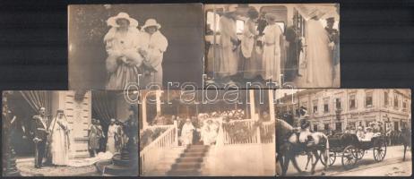 1922 Karađorđević I. Sándor szerb-horvát-szlovén király és Mária román hercegnő házasságkötése, 1922. június 6-án, Belgrádban, 5 db fotó, hátoldalon pecsételve, 8,5×13,5 cm / wedding of Alexander I of Yugoslavia and Maria of Romania