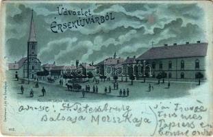 1899 (Vorläufer) Érsekújvár, Nové Zámky; Kossuth Lajos tér, templom. Conlegner J. és Fia kiadása / square, church. Art Nouveau, litho (EK)