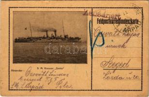 1915 SMS Zenta az Osztrák-Magyar Haditengerészet Zenta-osztályú védett cirkálója. Tábori Postai Levelezőlap / SM Kreuzer "Zenta" K.u.K. Kriegsmarine. Feldpostkarte / WWI Austro-Hungarian Navy Zenta-class protected cruiser, field postcard + "K.U.K. KRIEGSMARINE SMS ÁRPÁD" (EK)