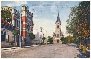 Pöstyén, Piestany; Ferenc József út, zsinagóga és evangélikus templom. Fuchs Margit kiadása / synagogue and Lutheran church, street