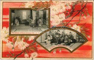 Japán szecessziós dombornyomott montázs / Japanese folklore, the Ikebana or Flower Arrangement, the Odori or Japanese Dance. Art Nouveau, floral, embossed montage