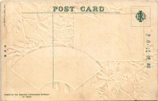 Japán szecessziós dombornyomott montázs / Japanese folklore, the Ikebana or Flower Arrangement, the ...