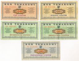 Lengyelország 1969. 5c - 50c (5db/4xklf) értékű utalvány, egy kivételével a hátoldalukon bélyegzéssel T:III Poland 1969. 5 Cents - 50 Cents (5pcs/4xdiff) coupon, stamped on the back (except for one) C:F