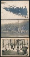 cca 1914-1918 3 db I. világháborús fotólap: rőzsét hordó katonák, hadifürdő, fagyott tónál tisztálkodó katonák télen; az egyik megírva, M. kir. 17. honv. gy.ezred 21. mzlj. bélyegzővel