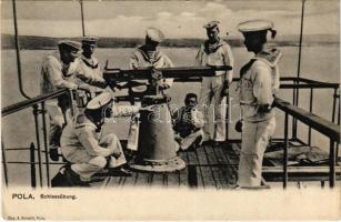 1909 Pola, Osztrák-magyar haditengerészet matrózai lőgyakorlat közben a fedélzeten, gépfegyver / K.u.k. Kriegsmarine Schiessübung / Austro-Hungarian Navy mariners' shooting practice on board, machine gun. A. Bonetti (EK)