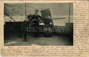 1903 Osztrák-magyar haditengerészet matrózai lőgyakorlat közben a fedélzeten, gépfegyver / K.u.k. Kriegsmarine Vormeisterfeuer am Bord / Austro-Hungarian Navy mariners&#039; shooting practice on board, machine gun. M. Clapis POla, 1605. (Rb)