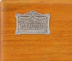 cca 1915 Fa névjegykártyatartó Szénásy Béla budapesti papírkereskedő fém plakettjével a tetején, szé...