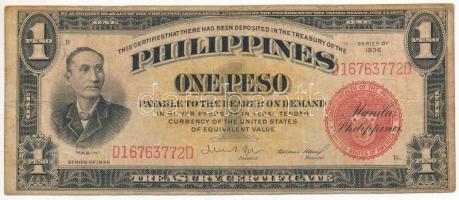 Fülöp-szigetek 1936. 1P D 16763772 D piros pecséttel T:III,III- Philippines 1936. 1 Peso D 16763772 D with red seal C:F,VG Krause P#81a