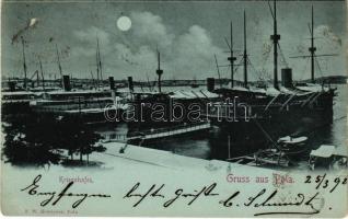 1898 (Vorläufer) Pola, Pula; K.u.K. Kriegsmarine Kriegshafen / Osztrák-magyar haditengerészeti kikötő este / Austro-Hungarian Navy port at night. F.W. Schrinner + "DIVACA-BAHNHOF" vasúti bélyegzés (EK)