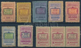 1944-1945 Budapest Székesfőváros 10 db inflációs forgalmi bélyeg, közte 1 db 3-as csík