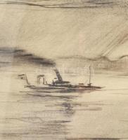 Haranghy Jenő (1894-1951): Áradás a Dunán, az újpesti Szúnyog-szigetnél (Népszigetnél), 1928. Szén, ...