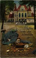 1923 Kassa, Kosice; Práve som sa stastlive do Kosic dostal! / Sikeresen megérkeztem! humoros montázs a vasútállomással, Falkenstein és Zimmer reklám, Szlovák könyvnyomda / railway station, humorous montage (EK)