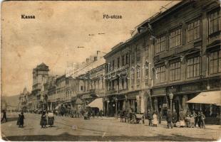 1914 Kassa, Kosice; Fő utca, Podleszky, László Fülöp, Breitner Mór, Strausz, Jelinek üzlete / main street, shops (Rb)