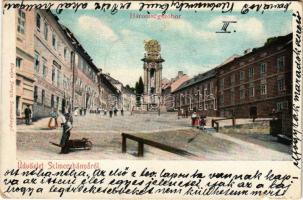 1901 Selmecbánya, Schemnitz, Banská Stiavnica; Szentháromság szobor, bor és sörcsarnok. Joerges kiadása / street view, Holy Trinity statue, inn, beer hall (szakadás / tear)