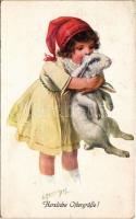 1917 Herzliche Ostergrüße! / Easter greeting art postcard, girl with rabbit. B.K.W.I. 4602-4. s: E. Reckziegel (EB)