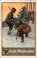 1921 Frohe Weihnachten! / Christmas greeting art postcard with hunter boys. Deutsche Schulverein Karte Nr. 395. (kis szakadás / small tear)
