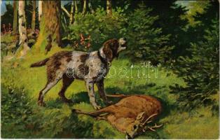 Hunting with dogs, art postcard