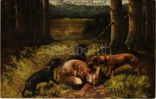 Fuchsjagd / fox hunting with dogs, art postcard