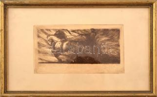 Haranghy Jenő (1894-1951): Lovas. Rézkarc, papír, jelzés nélkül, hátoldalán hagyatéki bélyegzővel, üvegezett fakeretben, 8x18 cm