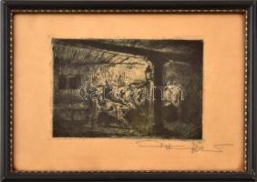 Haranghy Jenő (1894-1951): Istállóban. Rézkarc, papír, jelzett, üvegezett fakeretben, 13x19,5 cm