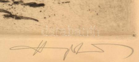 Haranghy Jenő (1894-1951): Lovasfogatok a pusztában. Rézkarc, papír, jelzett, üvegezett fakeretben, ...