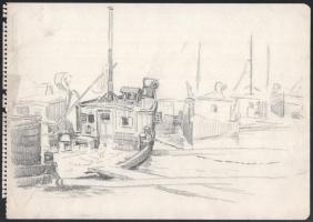 Haranghy Jenő (1894-1951), 2 db rajz: Táncoló lányok és kikötő hajókkal. Vöröskréta, ceruza ill. cer...