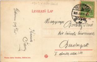 1909 Debrecen, látkép térrel és utcával, zsinagóga, villamos, Széchenyi szálloda. Thaisz Arthur kiad...