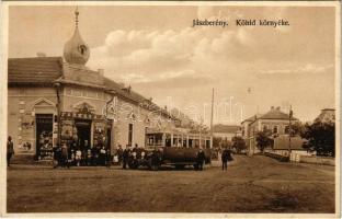 Jászberény, Kőhíd környéke, Farkas A.J. üzlete, autóbusz. Novotha Andor kiadása 1927.