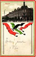 1918 Kaposvár, Erzsébet szálloda, piac. Szecessziós magyar és német birodalmi zászlóval, Art Nouveau, Szabó Lipót kiadása (Rb)