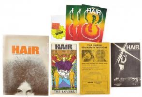 1969 Hair The American Tribal Love Rock Musical. Aquarius Theater, Hollywood. Programfüzetek (2 db), prospektus, és 3 db képeslap, két matrica, és Hair The Lovers nyomtatvány, jeggyel. Különleges gyűjtői darab.