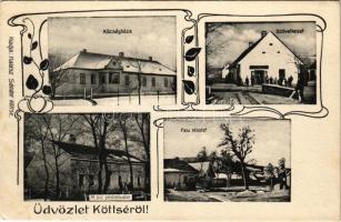 Kötcse, Köttse (Siófok); községháza, falu részlete télen, m. kir. postahivatal, szövetkezeti üzlete. Halász Sándor kiadása, Art Nouveau