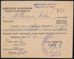 1943 Bp., Kéktaxi Iparosok Önsegélyező Egyesülete nyugtája, bélyegzővel