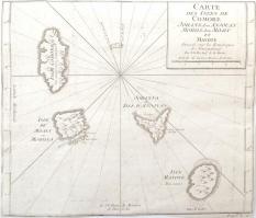 1750 Jacques-Nicolas Bellin (1702-1772): Carte des Isles de Comore, Joanna ou Anjouan, Mohilla ou Moaly et Mayote. Rézmetszet, körülvágott. Komore szigetek térképe. / Copper plate engraving, cut around 26x21,5 cm