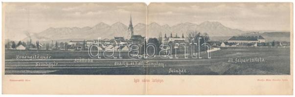 1901 Igló, Zipser Neudorf, Spisská Nová Ves; Keményítőgyár, Szövőgyár, szálloda, Evangélikus és katolikus templom, színház, Állami faipari iskola. Matz Gusztáv kiadása, két-részes kinyitható pnaorámalap / factories, hotel, churches, theatre, school. 2-tiled folding panoramacard (EK) + KECSKEMÉT PÉNZROVATOLÁS