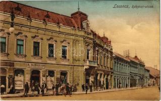 1910 Losonc, Lucenec; Rákóczi utca, bazár, Kerekes Árpád és Tarjányi János üzlete, Redlinger Ignác könyvesboltja és saját kiadása / street view with shops