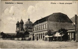 1914 Kákófalva, Cacova, Gradinari; Fő utca, Román ortodox templom, vendéglő, étterem, üzlet / main street, Romanian Orthodox church, restaurant, shop