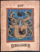 A Henisch család nemesi címere. Vegyes technika, pergamen. XX. sz. eleje körül. 28,5x22,5 cm