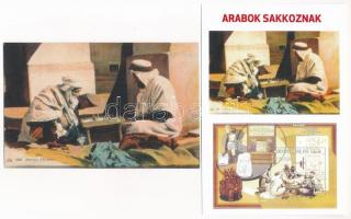 2 db képeslap: arabok sakkoznak eredeti régi képeslap + modern reprint magyar változata / 2 chess postcards: 1 pre-1945 Arabian chess game + its Hungarian modern reprint