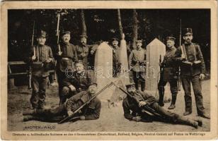 Deutsche u. holländische Soldaten an den 4 Grenzsteinen (Deutschland, Holland, Belgien, Neutral-Gebiet) auf Posten im Weltkriege. Aachen-Wald / WWI German military. German and Dutch soldiers at the 4 border markers (Germany, Netherlands, Belgium, neutral area) on posts during the World War (EK)