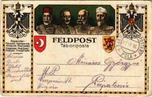 1916 Első világháborús tábori postai levelezőlap a Központi Hatalmak uralkodóival: V. Mehmed, I. Ferdinánd, II. Vilmos, Ferenc József / WWI Austro-Hungarian K.u.K. military field postcard, Viribus Unitis and Central Powers propaganda: Mehmed V, Ferdinand I of Bulgaria, Wilhelm II, Franz Joseph I of Austria. Feldpostkarte (fa)