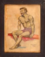 Dienes jelzéssel: Ülő atléta. Ceruza, akvarell, papír. Üvegezett fakeretben, 22×16 cm